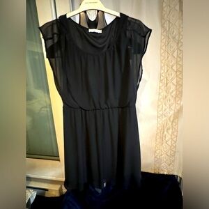 Lush Mini Black Dress Sheer Overlay Layered material elastic Fitted Waist Size L